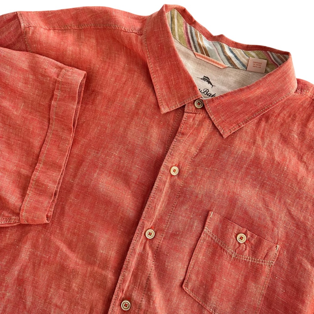 Tommy Bahama Relax Island Modern Fit Orange 100% Linen Shirt Men XL Short Sleeve